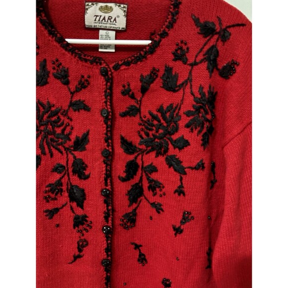 Tiara Red Sweater Cardigan Front Button Embroidered Beaded Christmas Sz L - Picture 2 of 6